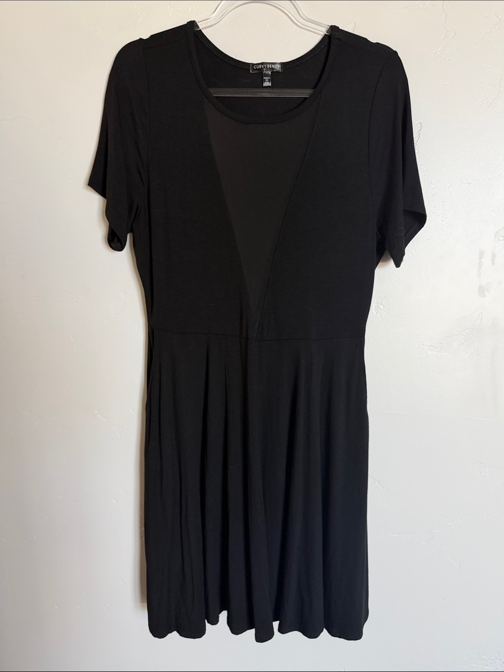 Black Short-Sleeve Midi Dress Sheer V Neckline Flowy Day to Evening Dress